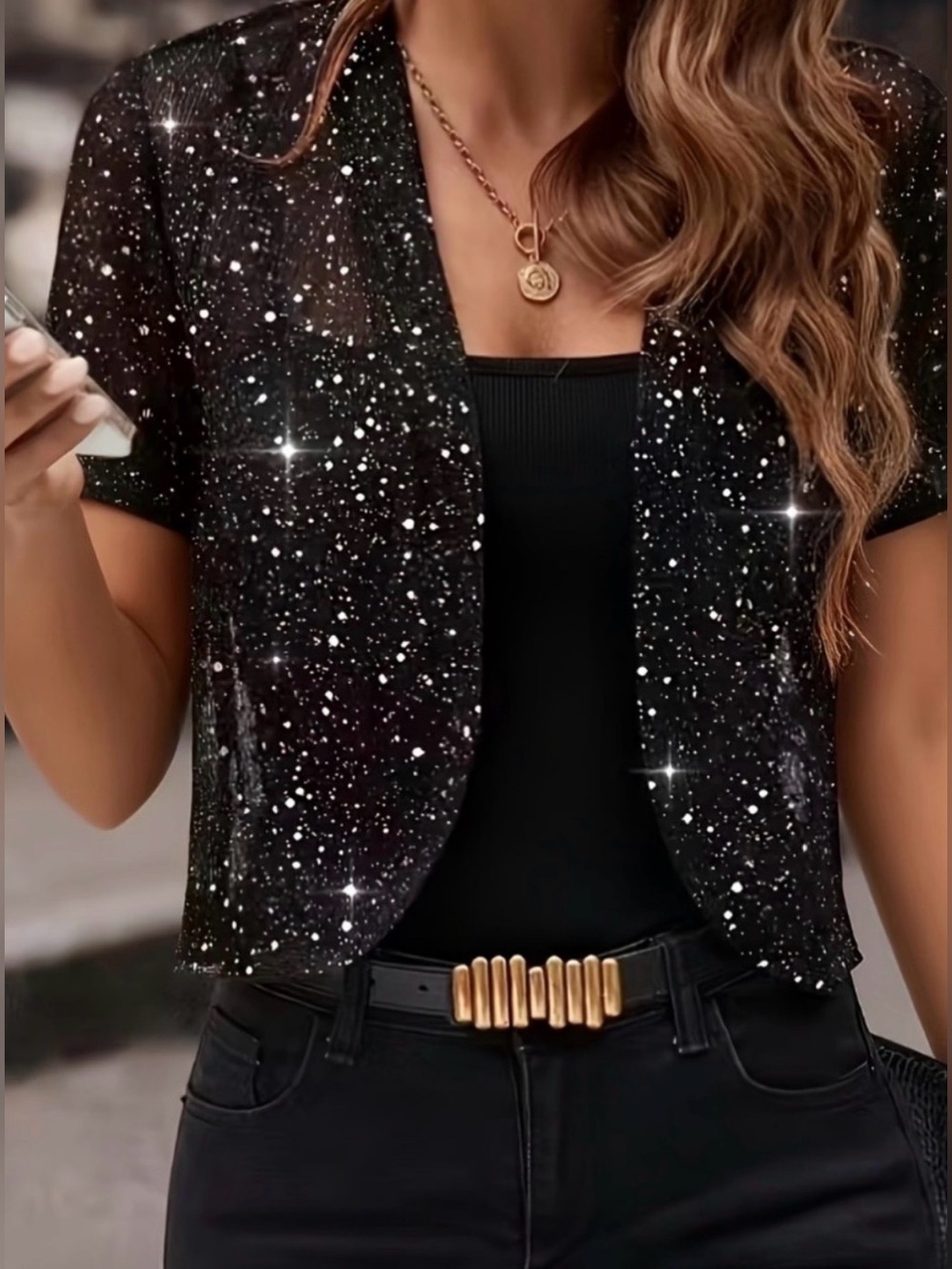 NWT 🖤 QIXING Black Sequin Open Front Cardigan – Size 2XL